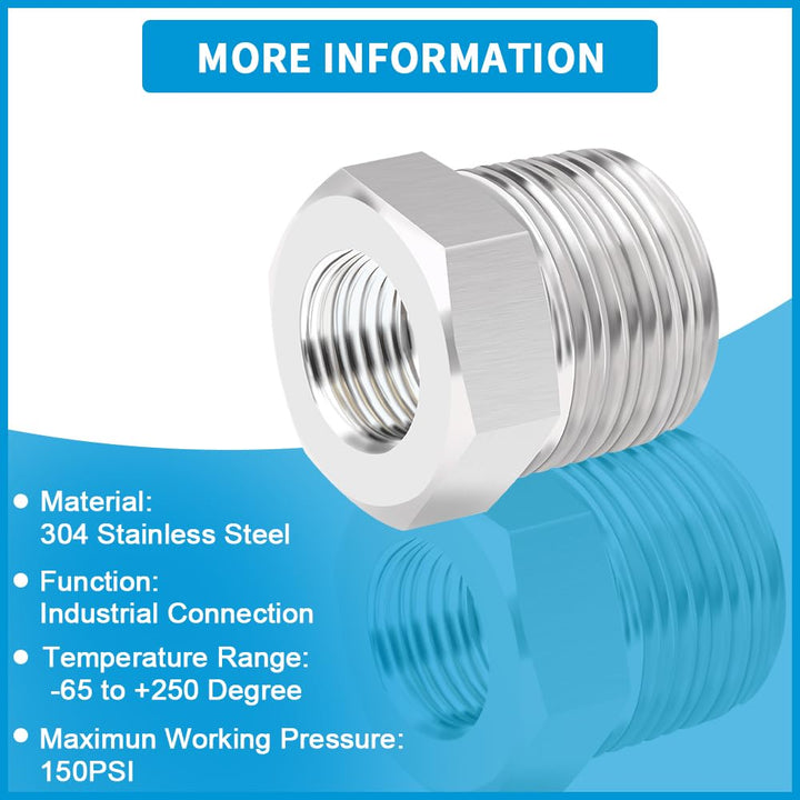 Stainless Steel Reducing Hex Bushing, 1/2 Male NPT to 1/4 Female NPT, Reducer Bushing Pipe Hose Fitting (Pack of 2)