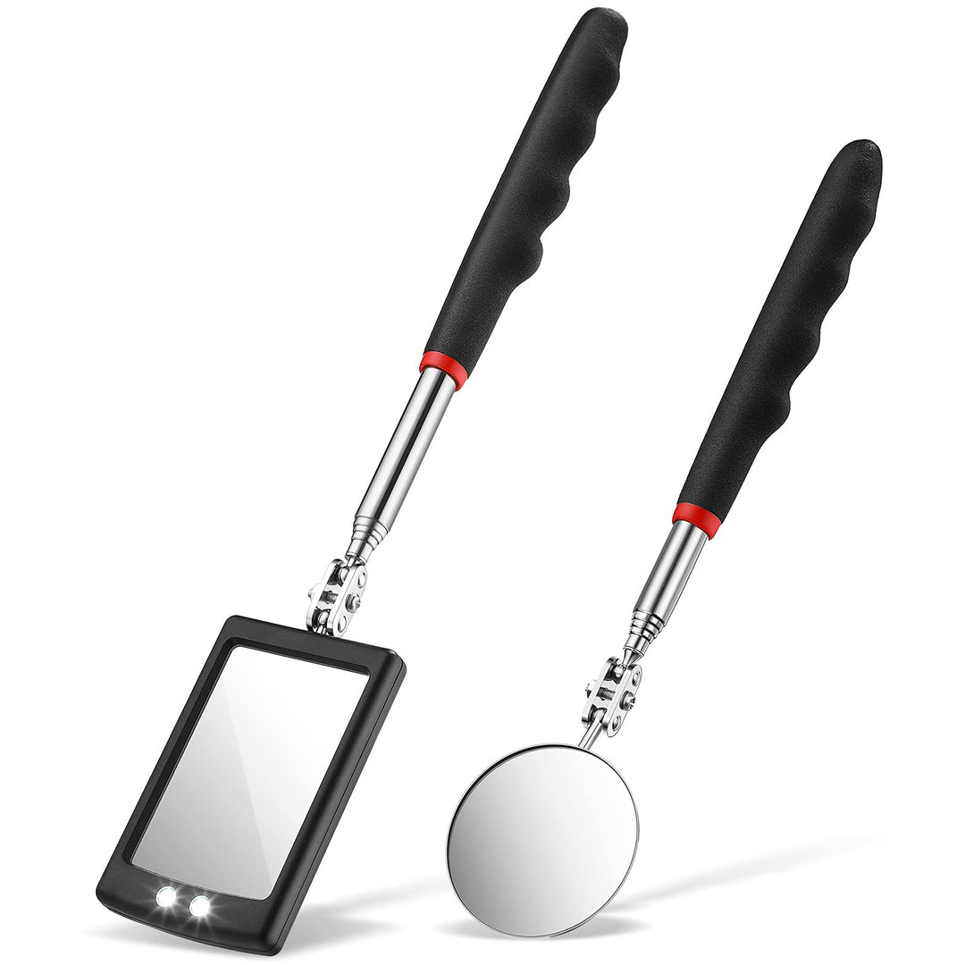 2 Pieces Lighted Telescoping Inspection Mirror Flexible Retractable LED Automotive Extension Round Dental Mirror with Light Pickup Tools Valentine Birthday Gift for Men, Husband, Father