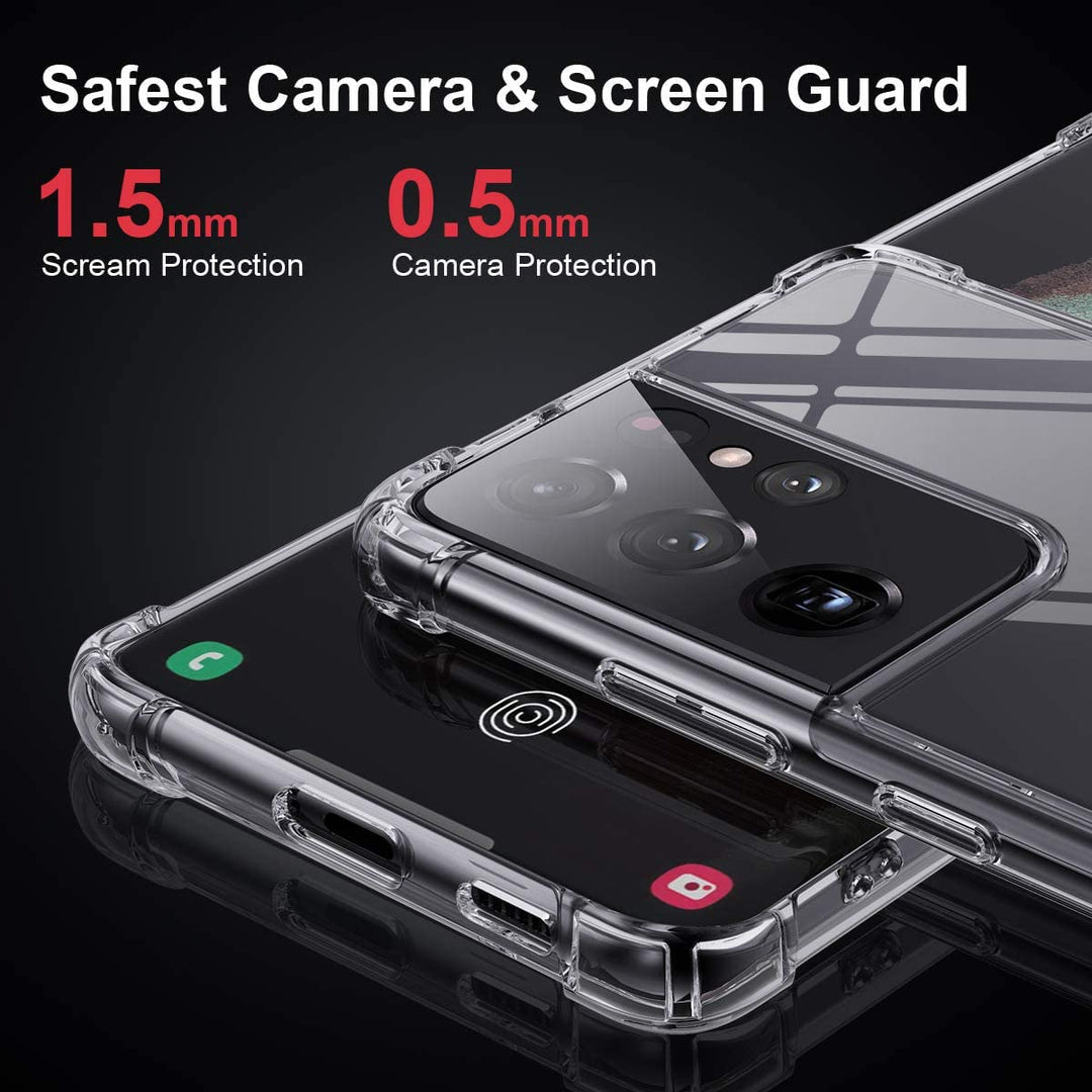 Clear Case for Samsung Galaxy S21 Ultra 5G Hybrid Design Shockproof Bumper Protective Cell Phone Back Cover Hard PC Back + Flexible TPU Raised Bezel with Airbags Corners