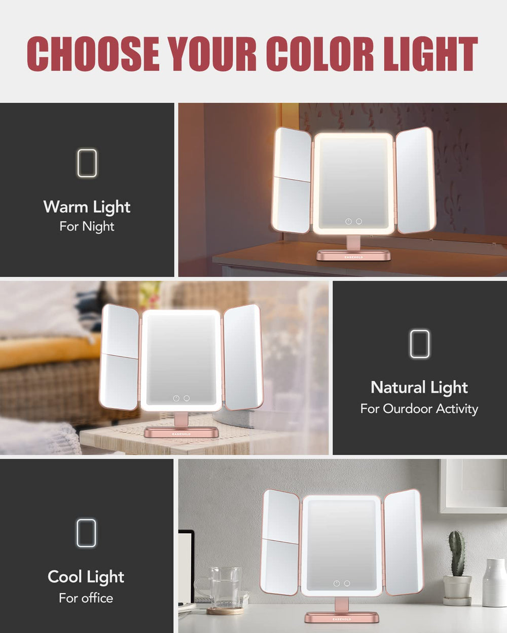 Rechargable Makeup Mirror Vanity Mirror with Lights, 5000Mah & USB Cable, 112 LEDs Lighted Trifold Mirror with 1X 2X 3X 10X Magnification, Smart Touch, Portable Cosmetic Beauty Mirror