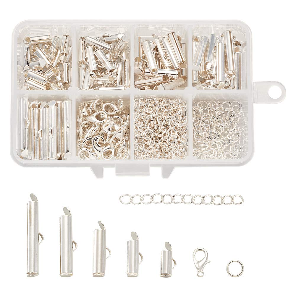 Pandahall 100pcs Silver Tube Brass Slide On End Clasp with Alloy Lobster Claw Clasps and Stainless Steel Open Jump Ring Iron Twist Extender Chains for Jewelry Making