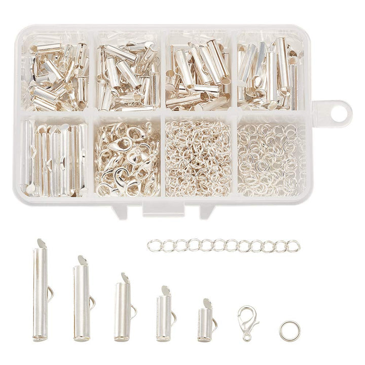 Pandahall 100pcs Silver Tube Brass Slide On End Clasp with Alloy Lobster Claw Clasps and Stainless Steel Open Jump Ring Iron Twist Extender Chains for Jewelry Making