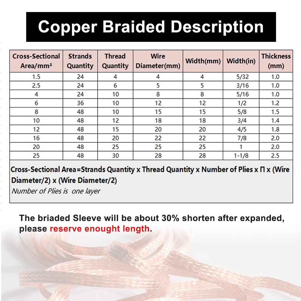 16.4ft 3/16 Inch Flat Copper Braided Ground Strap Wire Expandable Metal Sheath Square 2.5mm2 Screening Signal Wire Cable Shielded