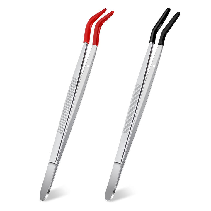 2 Pieces Rubber Tips Tweezers, Curved Tweezers Stainless Steel Tweezers with Rubber Tips Black Flat Tip Long Tweezer Red Bent Tip Tweezers for Crafts Repairing Jewelry Craft Tool