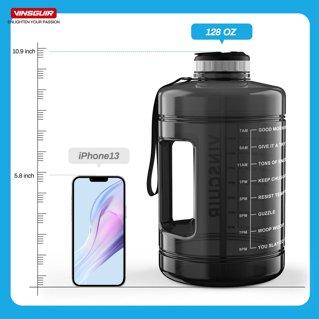 1 Gallon Water Bottle with Times to Drink - Motivational Large 128 oz Water Jug with Straw & Strap & Handle, BPA Free Big Water Bottle for Daily Drinking & Gym Workout (Black)