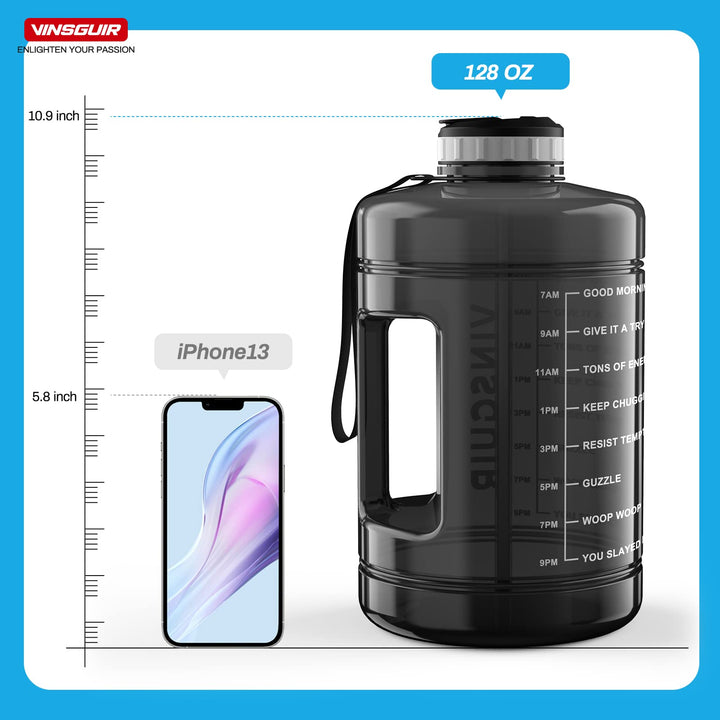 1 Gallon Water Bottle with Times to Drink - Motivational Large 128 oz Water Jug with Straw & Strap & Handle, BPA Free Big Water Bottle for Daily Drinking & Gym Workout (Black)