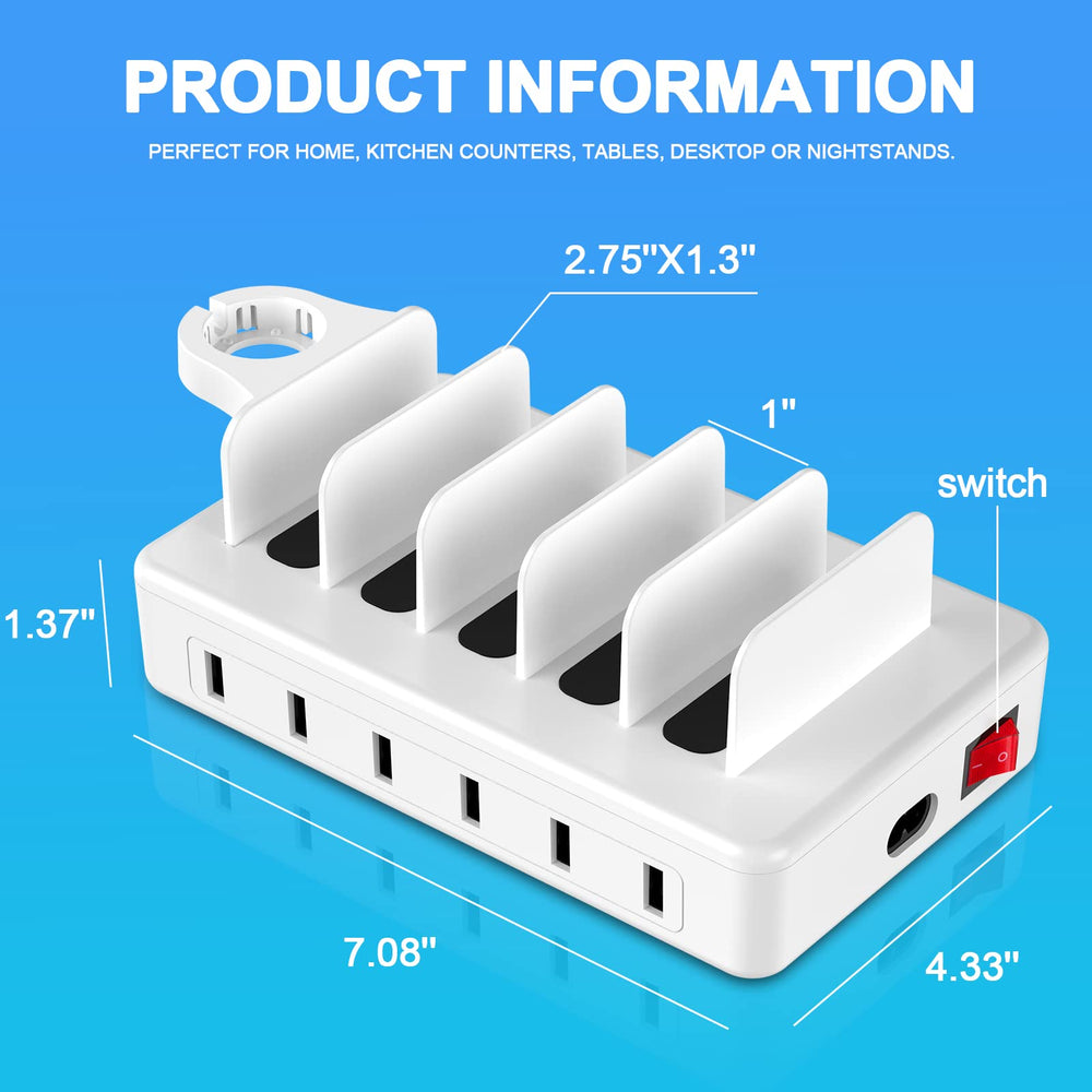Charging Station for Multiple Devices,50W 6 Ports Charging Dock with 6 Cables Compatible with Cellphone,Tablet, Kindle, Apple Watch and Other Electronic