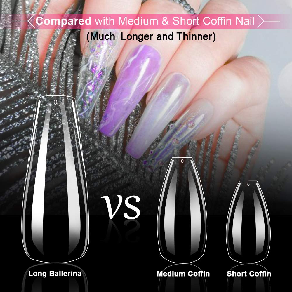 Clear Long Coffin Shaped Fake Nails, Ballerina Full Cover Acrylic Nail Tips, 100pcs Artificial False Nails with Nail File/Cuticle Pusher/Case for Salon Nail Art, DIY Long Coffin Nails Design Kit