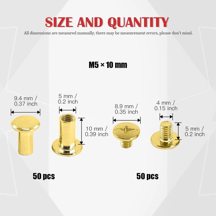 50-Sets M5 Brass Plated Phillips Chicago Screw Posts Binding Screws Assortment Kit for Scrapbook Photo Albums Binding, Leather Repair - Gold (M5 x 10mm-50Sets)