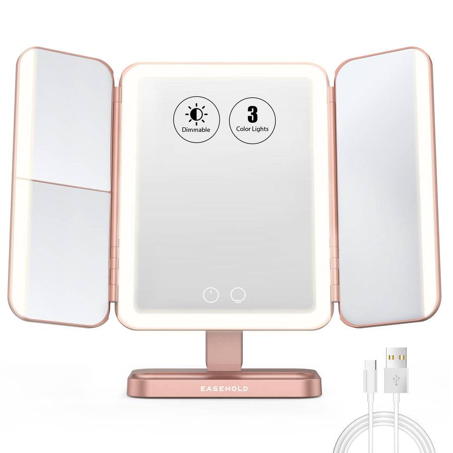Rechargable Makeup Mirror Vanity Mirror with Lights, 5000Mah & USB Cable, 112 LEDs Lighted Trifold Mirror with 1X 2X 3X 10X Magnification, Smart Touch, Portable Cosmetic Beauty Mirror