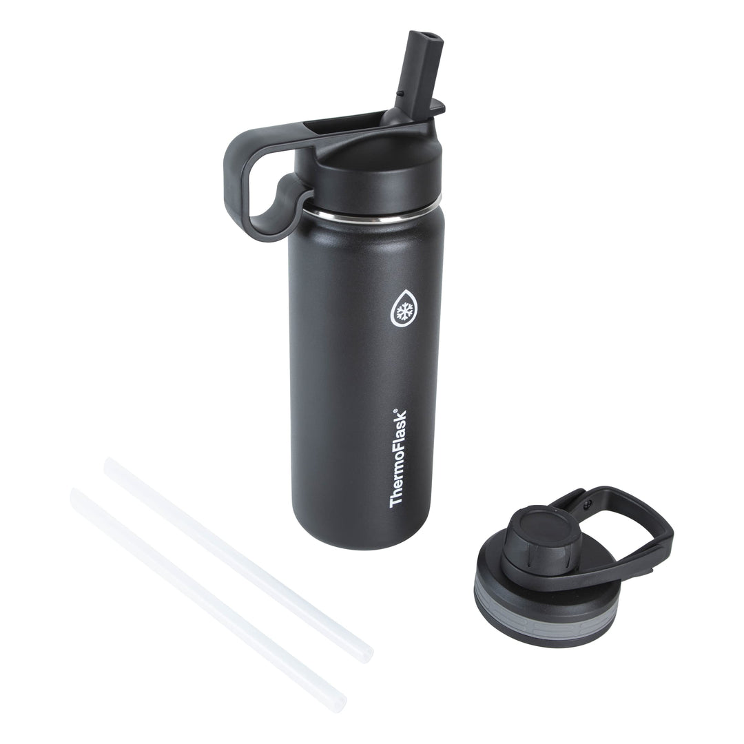 ThermoFlask 18 oz Double Wall Vacuum Insulated Stainless Steel Water Bottle with Spout and Straw Lids, Black