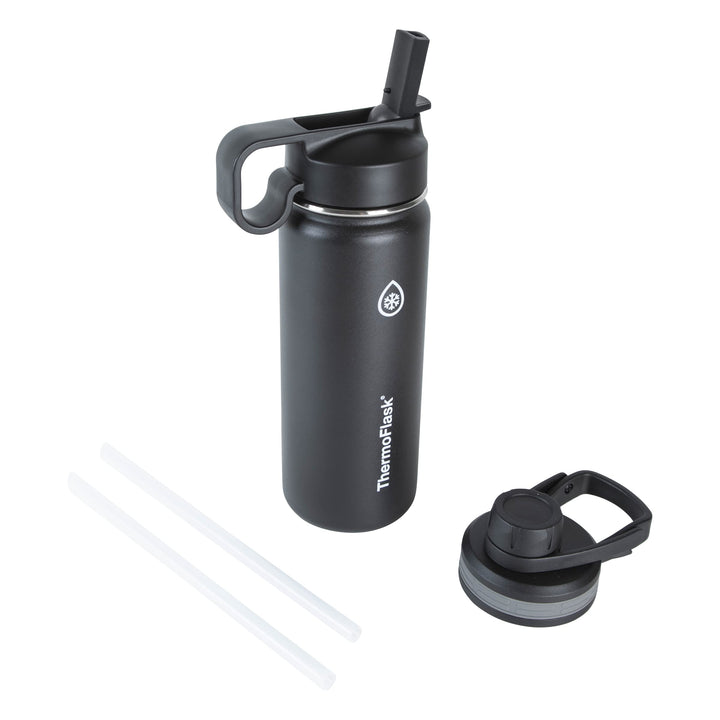 ThermoFlask 18 oz Double Wall Vacuum Insulated Stainless Steel Water Bottle with Spout and Straw Lids, Black