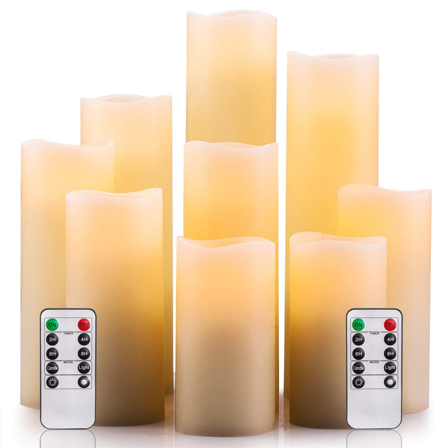 Flameless Candles Battery Operated Candles 4 5 6 7 8 9 Set of 9 Ivory Real Wax Pillar LED Candles with 10-Key Remote and Cycling 24 Hours Timer