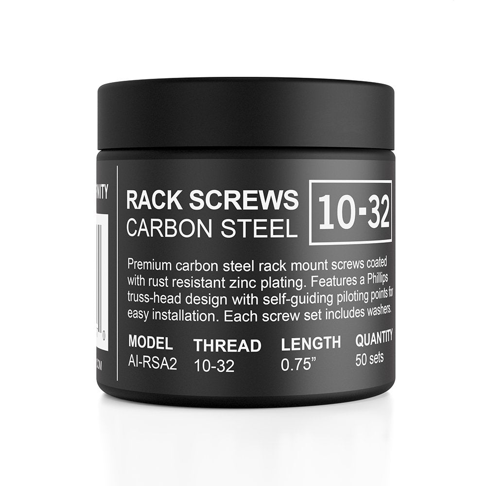 Carbon Steel 10/32 Rack Screws and Nylon Washers. 50-Piece Set for Equipment Server Racks, enclosures, and cabinets.