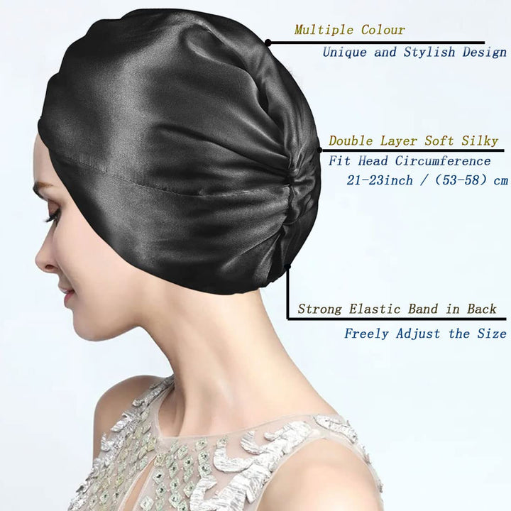 2021 New Silk Sleeping Cap for Women Hair Care Hair Cap, Imitation Silk Night Hair Bonnet for Sleeping, Double Layer Silky Head Scarf Hat for Sleeping with Elastic Band (Black)