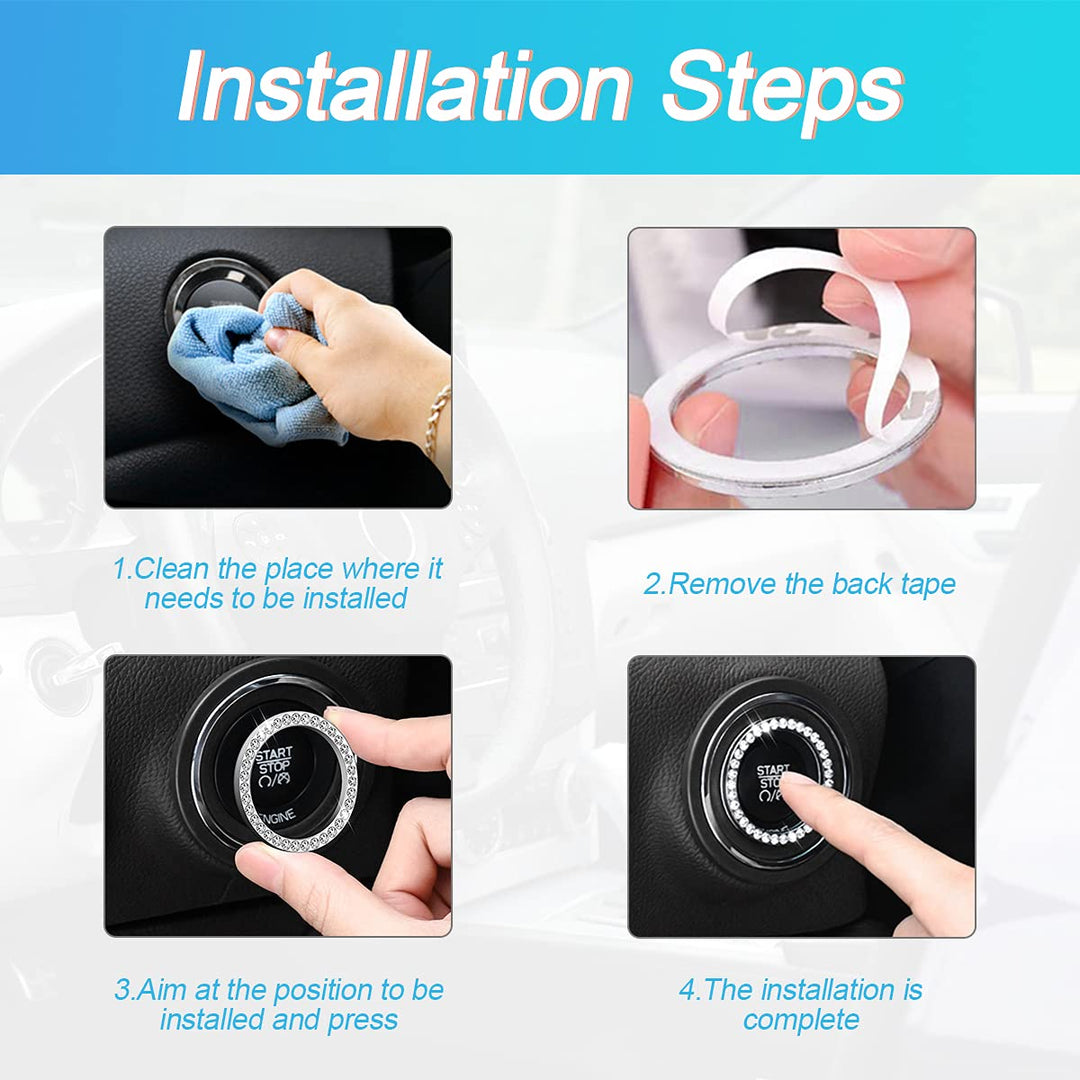 Car Bling Crystal Rhinestone Engine Start Ring Stickers, 1 Single Drainage Drill and 1 Double Drainage Drill Car Start Button Cover, Key Ignition Knob Bling Ring Decals, Bling Car Accessories(Black)