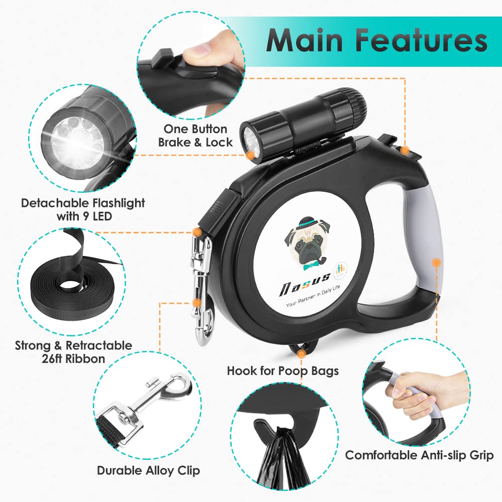Retractable Dog Leash, 26ft Pet Walking Leash with 9 LED Detachable Flashlight for Medium Large Dog up to 100lbs, with Hand Grip One Button Brake & Lock and Hook (Black-N)
