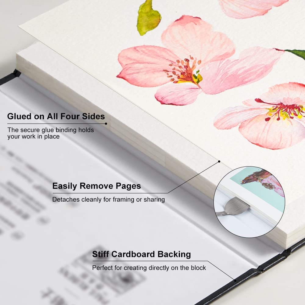 Watercolor Block, High Absorption, Artist Quality Cold-Pressed Watercolor Sketchbook 10.82 x 7.79'', 100% Cotton 140lb/300gsm 20 Sheets, Art Supplies for Beginners, Artists & Professionals