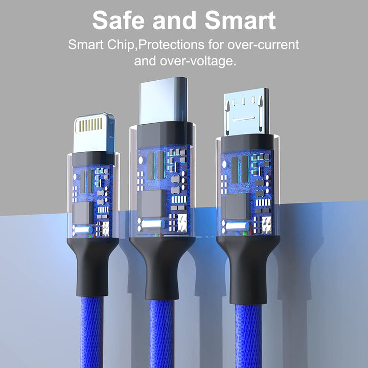 Multi 3 in 1 USB Long iPhone Charging Cable, 3M/10Ft Nylon Braided Universal Phone Charger Cord USB C/Micro USB/Lightning Connector Adapter for Android/Apple/Samsung/LG/Pixel/Huawei/XiaoMi(Blue)