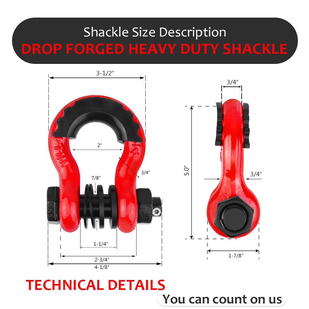 Shackles 3/4 D Ring Shackle (2 Pack) 45,000lb Break Strength with 7/8 Pin, Anti Theft Security Screws, Isolator & Washer Kits for Use with Tow Strap Winch Truck Vehicle Recovery, Red