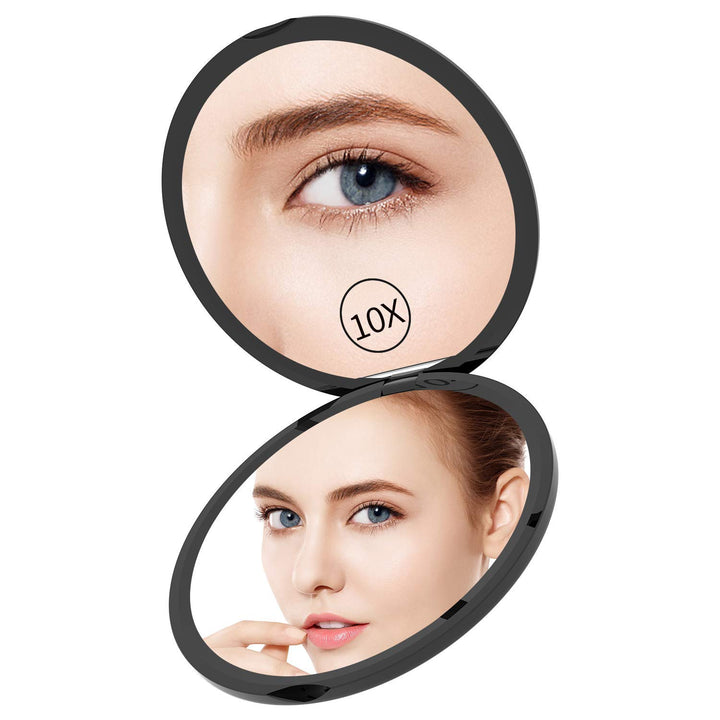 Magnifying Compact Mirror for Purses Double Sided Travel Makeup Mirror with 10X Magnification, 4 Inch Small Pocket Mirror, Portable Folding Great Compact Cosmetic Mirror (Black)