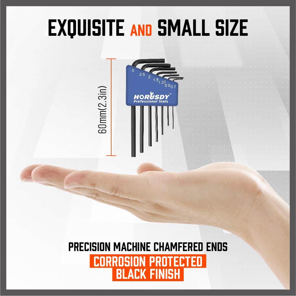 7-Piece Mini Hex Key Metric Set, L Shape Allen Wrench, 0.7mm, 0.9mm, 1.27mm, 1.5mm, 2mm, 2.5mm, 3mm, Cr-V