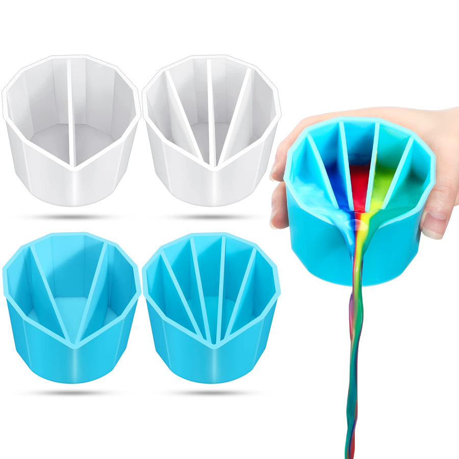 Split Cup for Paint Pouring 4 Pcs 2 3 4 5 Chambers Reusable Silicone Paint Cup Polygonal Style Pouring Divided Cup for Fluid Art Acrylic Paint Resin Pouring DIY Making, White, Blue