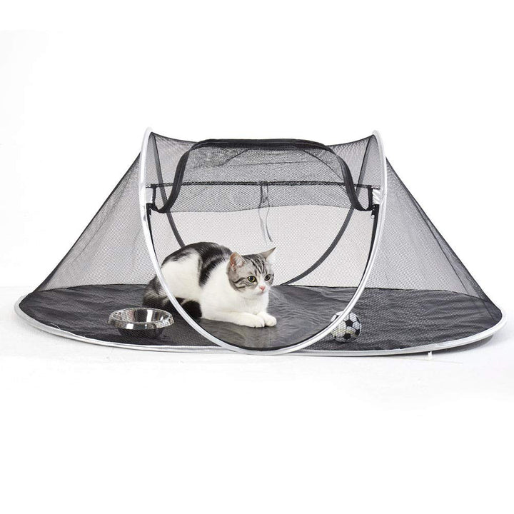Cat Tent Pop Up House Outside Pet Enclosure Indoor Playpen Portable for Cats Small Dogs in Deck, Yard, Patio, Park, Camping, Travel Outdoor Summer (Black Net and Blue Edge)