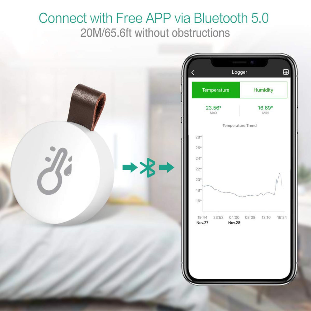 Wireless Thermometer Hygrometer, Mini Wireless Humidity Temperature Sensor with Data Export and Alert, Temp Humidity Monitor for House, 2 Pack