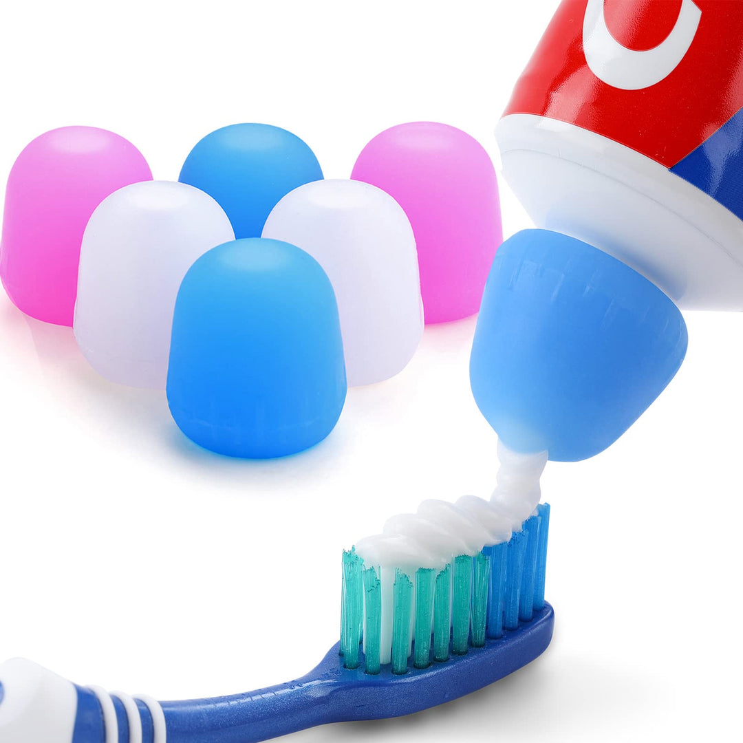 6 Pack Silcone Toothpaste Cap, Reusable Self Closing Toothpaste Squeezer Dispenser with Organizer Box for Kids and Adults in Bathroom, Hygiene No Mess No Waste