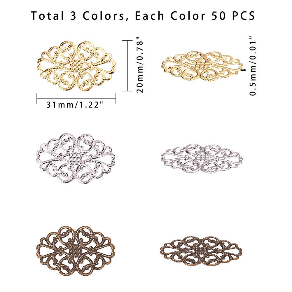 150 pcs 3 Colors Tibetan Style Iron Oval Filigree Charm Pendant Link Connectors for Earring Necklace Jewelry DIY Craft Making, Mixed Colors