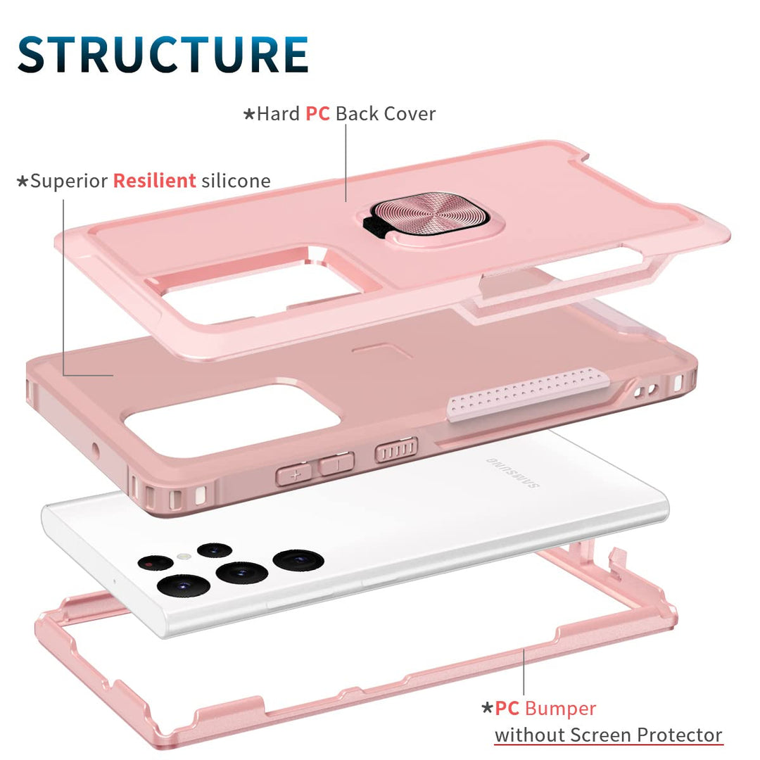 for Galaxy S22 Ultra Case Heavy Duty Full Body Shockproof Kickstand with 360°Ring Holder Support Car Mount Hybrid Bumper Silicone Hard Back Cover for Samsung S22 Ultra 6.8 Rose Gold