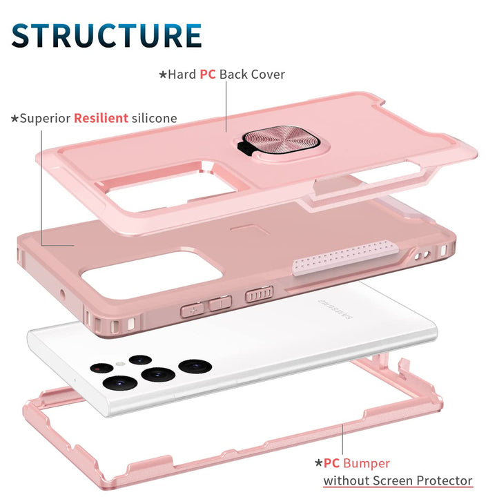 for Galaxy S22 Ultra Case Heavy Duty Full Body Shockproof Kickstand with 360°Ring Holder Support Car Mount Hybrid Bumper Silicone Hard Back Cover for Samsung S22 Ultra 6.8 Rose Gold