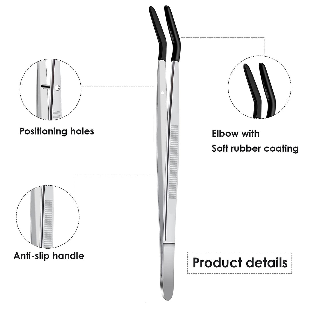 2 Pieces Rubber Tips Tweezers, Curved Tweezers Stainless Steel Tweezers with Rubber Tips Black Flat Tip Long Tweezer Red Bent Tip Tweezers for Crafts Repairing Jewelry Craft Tool