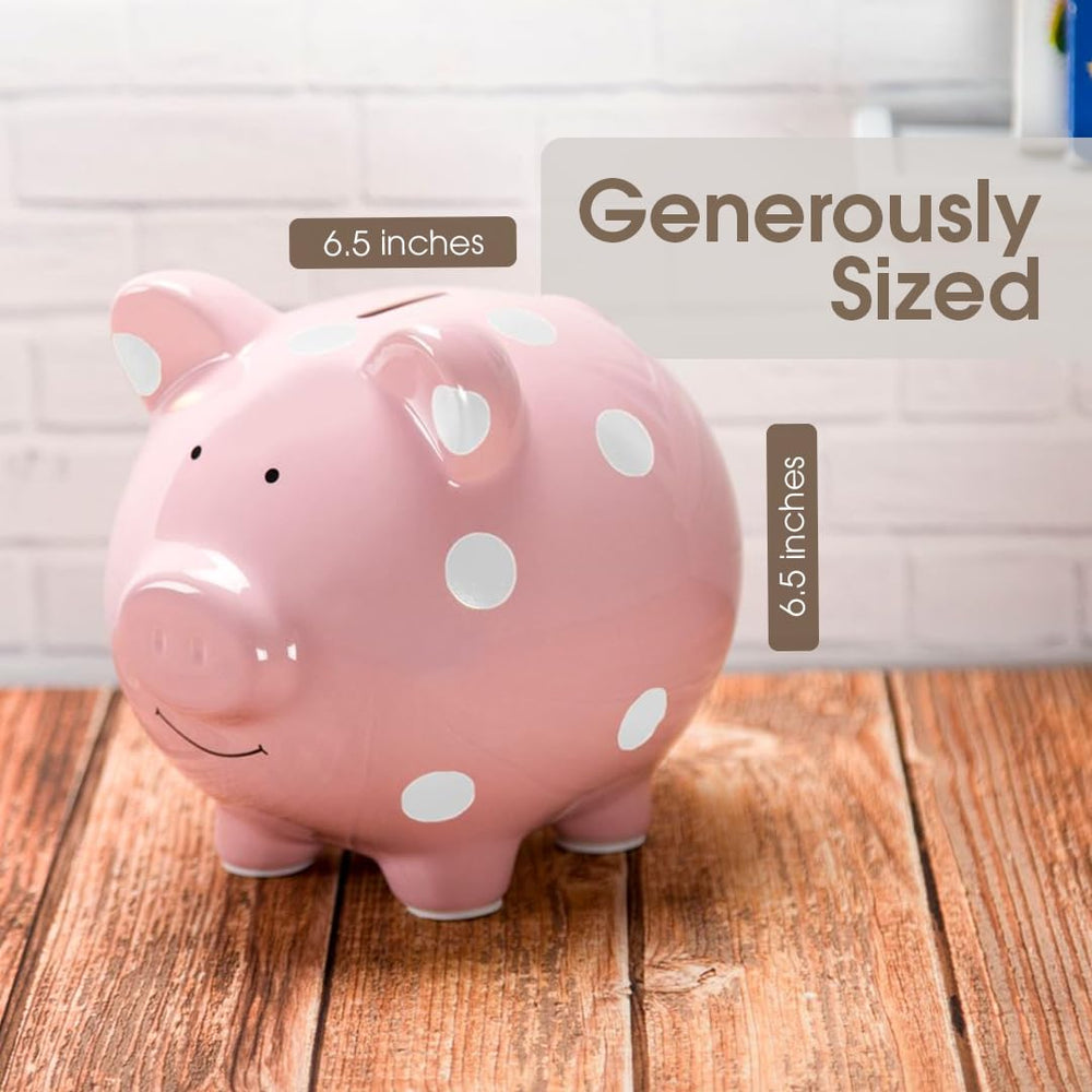 Large Ceramic Piggy Bank, Ideal for Boys and Girls, Kids Money and Coin Bank, Perfect Baby Girl Nursery Décor, Holiday Gift and Newborn Keepsake, Pink Polka Dots