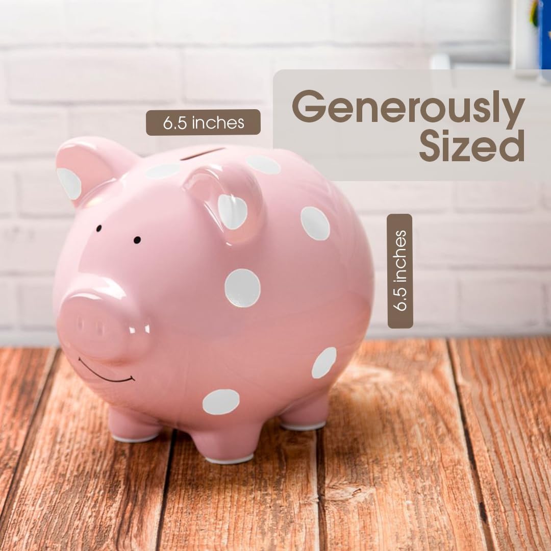 Large Ceramic Piggy Bank, Ideal for Boys and Girls, Kids Money and Coin Bank, Perfect Baby Girl Nursery Décor, Holiday Gift and Newborn Keepsake, Pink Polka Dots