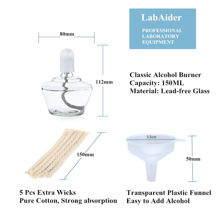 Classic Style Alcohol Burner Lamp Glass Bunsen Burners Lab Equipment Heating 150ml with 5 Free Replacement 6inch Wicks and Funnel