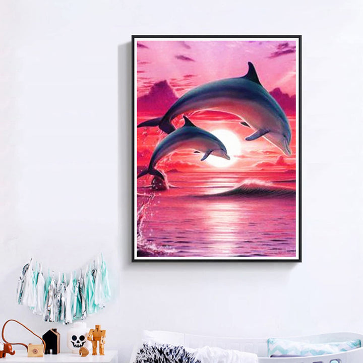 Valentine's Day Diamond Art Painting Kits for Adults, Square Full Drill Diamond Art Painting Art Kits for Home Wall Decor Pink Jumping Dolphins 16x20 Inch