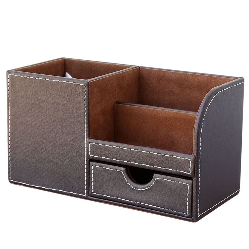 Desk Organizer Office Supplies Caddy Pu Leather Multi-function Storage Box Pen/Pencil,Cell phone, Business Name Cards Remote Control Holder with Small Drawer Brown