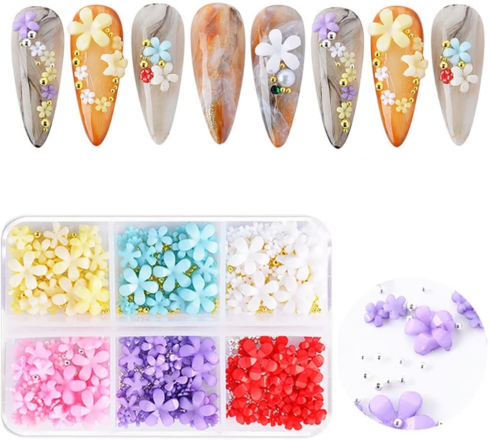 Flower Nail Art Charms 6 Boxes Luxury 3D Flower Nail Art Supplies White Pink Purple Flower Light Change Gold Silver Beads Design DIY Acrylic Nail Art Accessories for Women Girls