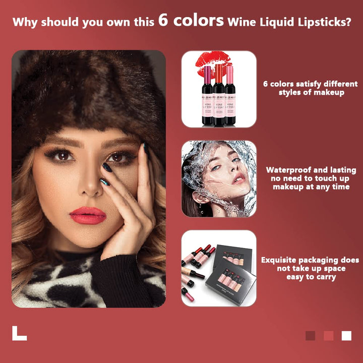 Wine Liquid Lipstick, Lady Long Lasting Make Up Gloss Matte Lip Tint Wine Bottle Cover, Waterproof, Valentine's Day Gift Kit Ideas for Girlfriend, Mom, Friend (6 Colors)