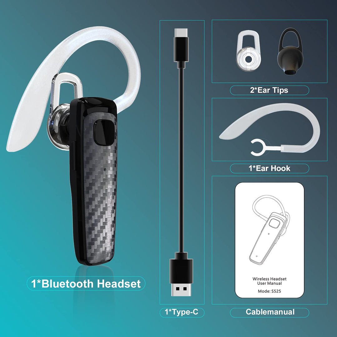 Bluetooth Headset, CVC8.0 Handsfree Bluetooth Earpiece, 16 Hrs Talk Time Noise Cancelling Single Ear Wireless Headset for Office Driving, Compatible with iPhone & Android Samsung Cellphone