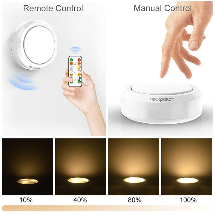 Puck Lights with Remote Control, Under Cabinet Lighting Battery Operated, Under Counter Cabinet Puck Lighting, Kitchen Cabinet Lights Wireless Stick On Lights White (4pack)