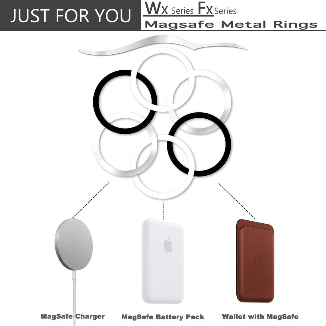 Universal Metal Rings Compatible for Apple Magsafe Charger/Wallet/Battery Pack, Compatible with iPhone 16/15/14/13/12 Series(Mini/Plus/Pro/Pro Max) and Samsung Galaxy (Black+Sliver, 4 PCS)