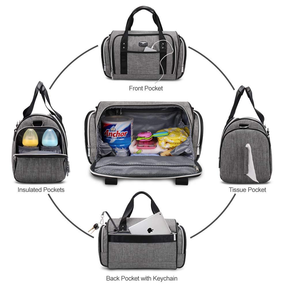 Diaper Bag, Large Baby Diaper Tote for Mom and Dad, Convertible Travel Baby Bag with Insulated Pockets (Gray)