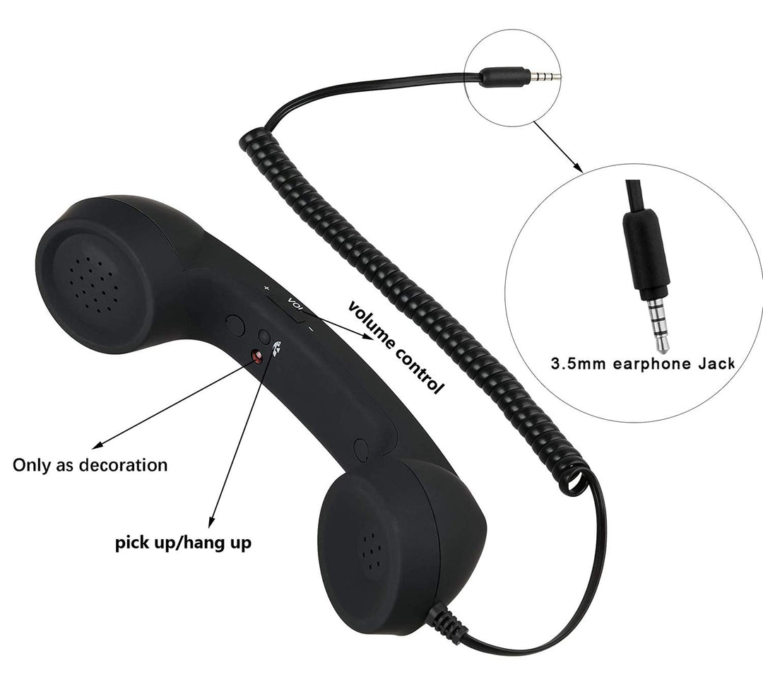 Retro 3.5mm Telephone Handset Cell Phone Receiver Mic Microphone Speaker for iPhone iPad Mobile Phones Cellphone Smartphone (Black)