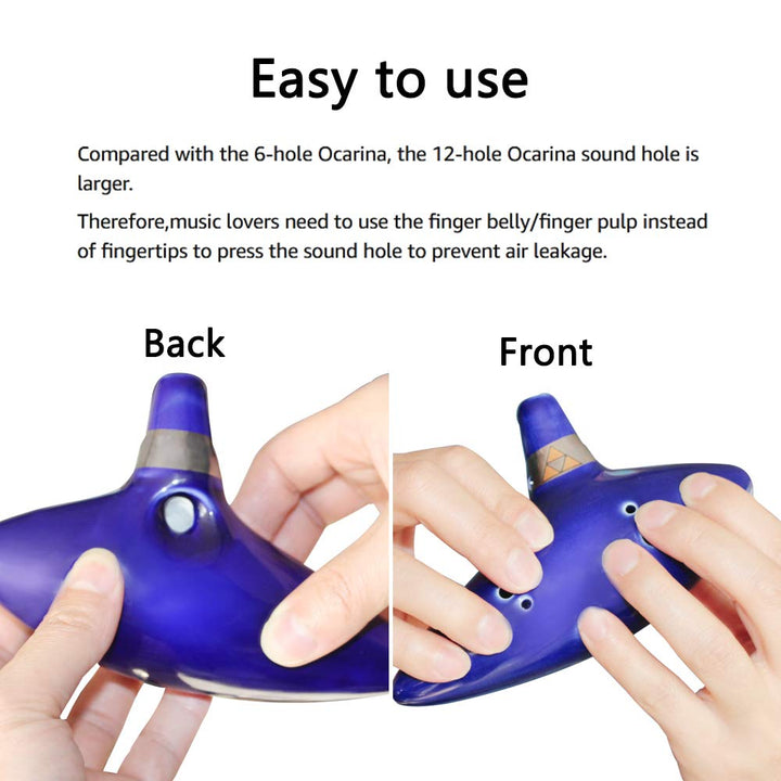 12 Hole Ocarina Alto C Ceramic Ocarina Flute Musical Instrument with Song Book (Neck Strap Cord with Random Color)- Blue