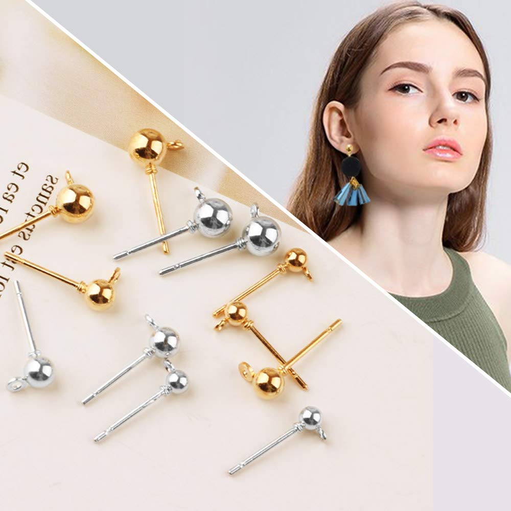 300pcs Ball Earring Studs with 300pcs Rubber Earring Safety Backs,Round Earrings Spherical Earrings Hypoallergenic Ear Pins for DIY Jewelry Earring Making