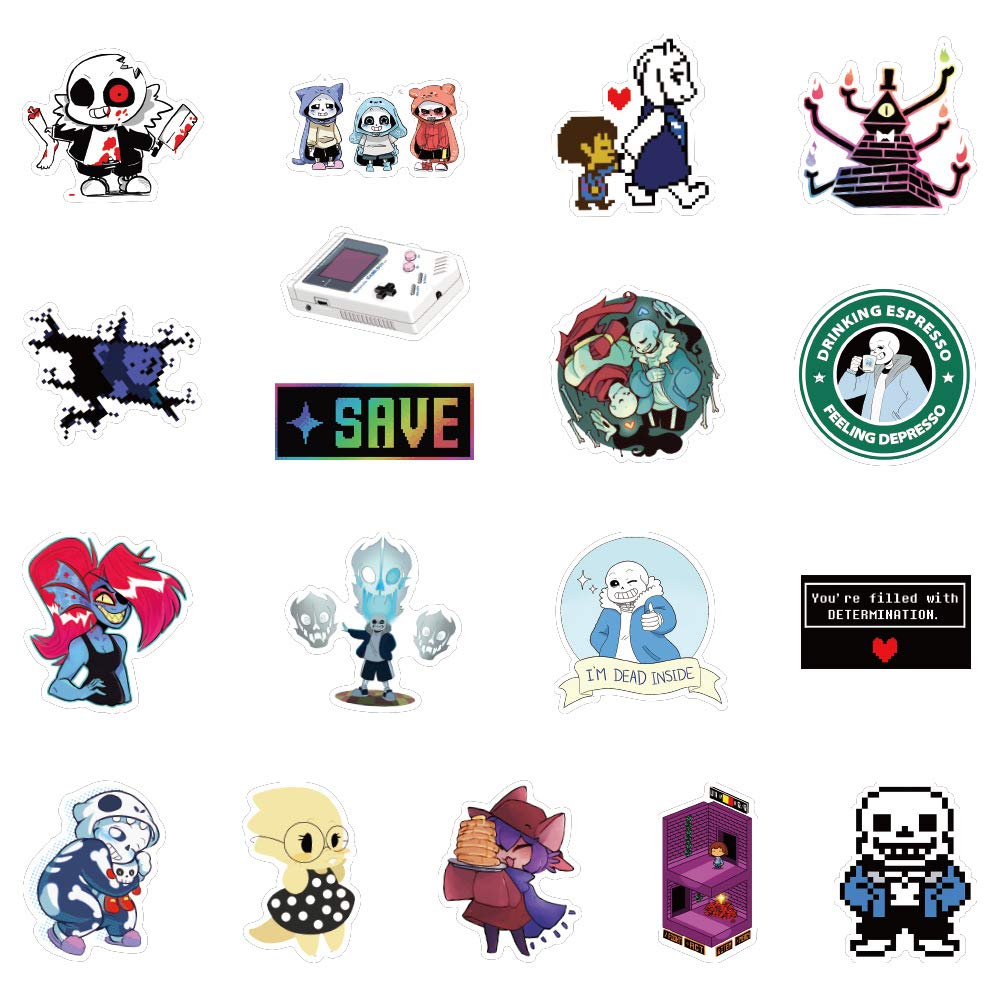 Undertale Stickers Pack| 50pcs Sans Undertale Viny Waterproof Stickers for Laptops PC Frisk Sans Au Gaster Undyne Flowey Decal for Teen Girl Adults DIY Computer Phone Case Water Bottle Skateboard (A)