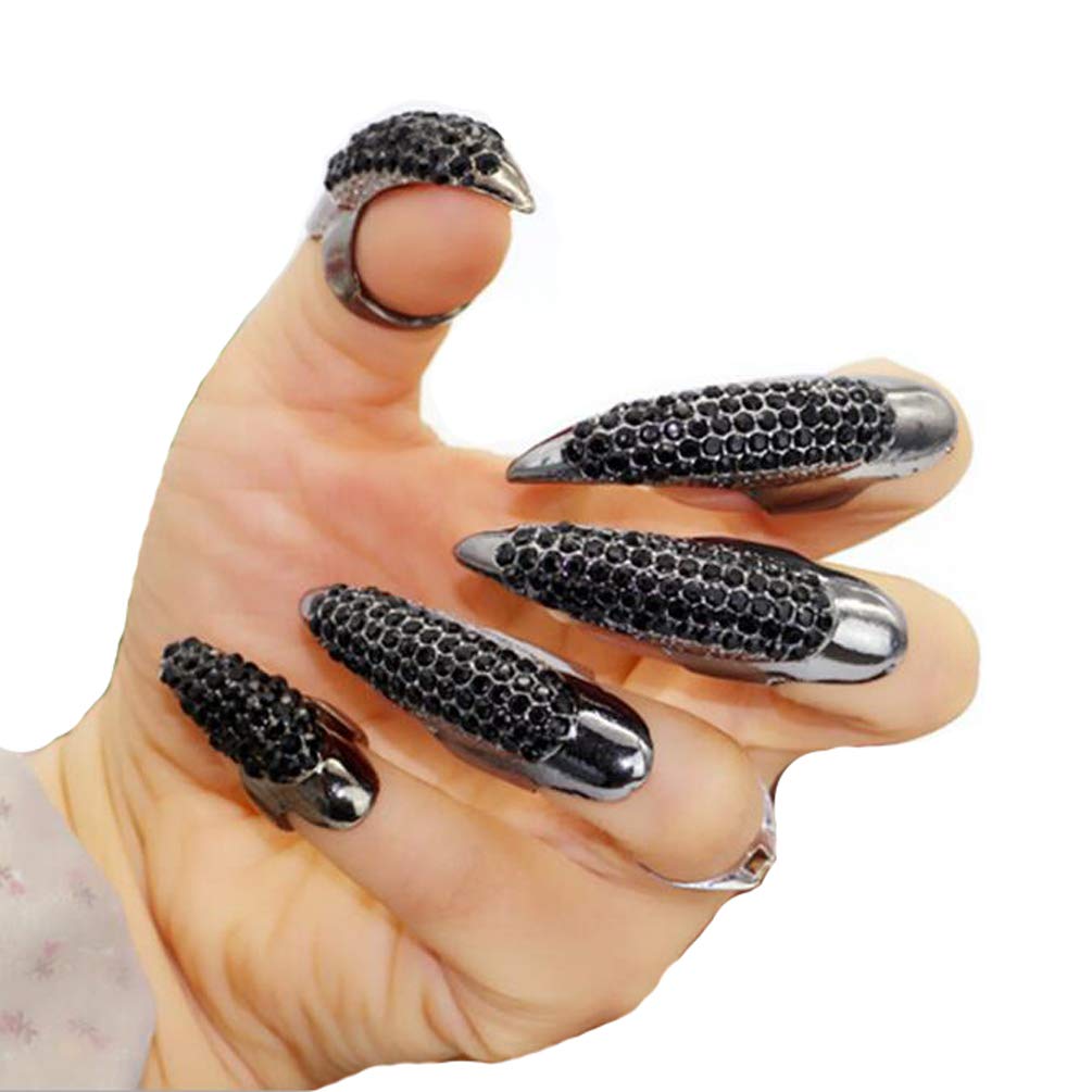 Alloy Rhinestones False Claw Nail Finger Claw Ring Punk Style Fingertip Cool Fake Nails,Gold,5pcs